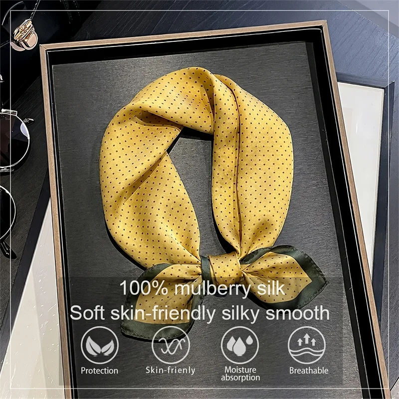 100% Silk Square Scarf Yellow Polka Dot Bandana Hijab Stylish Neck Scarf Bag Accessory Head Wrap for Women Daily Use and Gifts