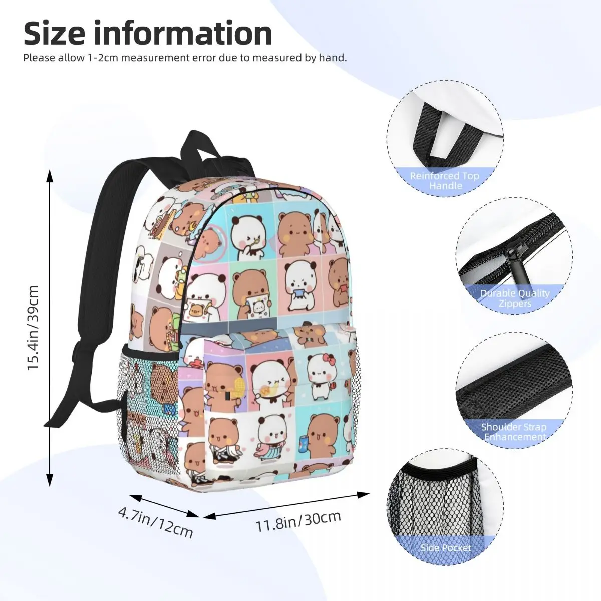 Cute Bear Panda Bubu Dudu Printed Lightweight Casual Schoolbag For School, Outdoor, Shopping, Office 15inch