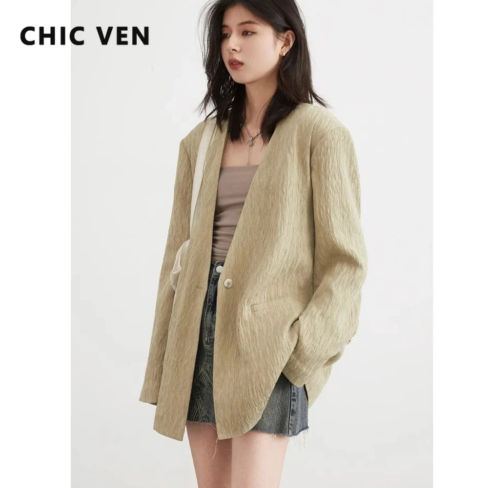 

CHIC VEN Women Blazers Loose Casual New Texture V-neck Pleated Shoulder Pad Ladies Jacket Female Tops Spring Summer 2024