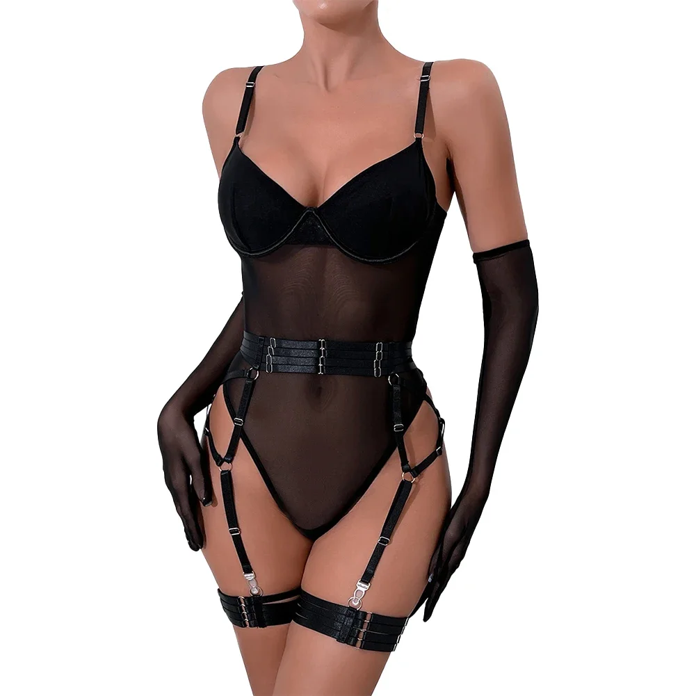 

Womens Sexy Lingerie Straps Patchwork Slim-fitting With Gloves Three-piece Suit