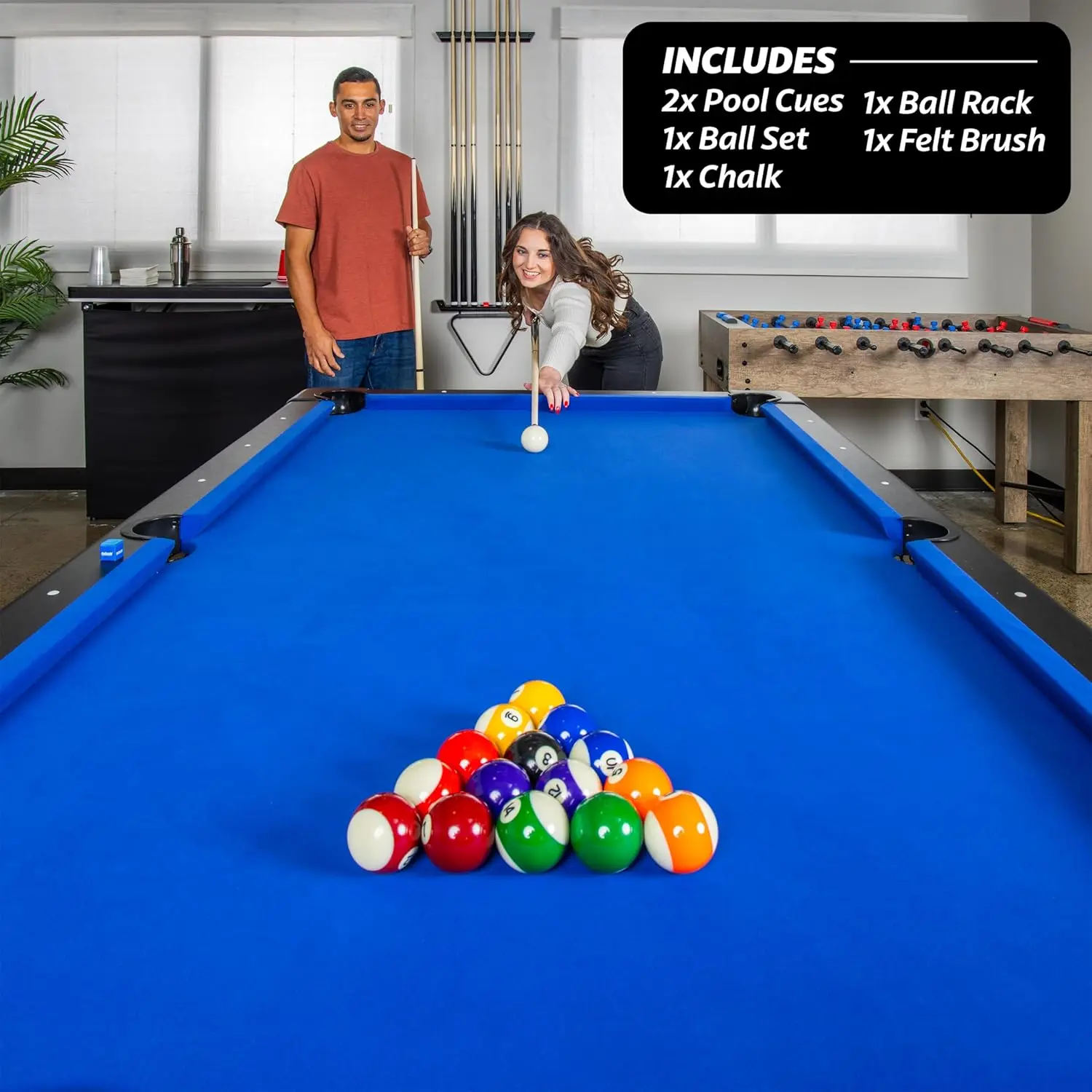 8 ft Billiards Table - Portable Pool Table - Includes Full Set of Balls, 2 Cue Sticks, Chalk and Felt Brush