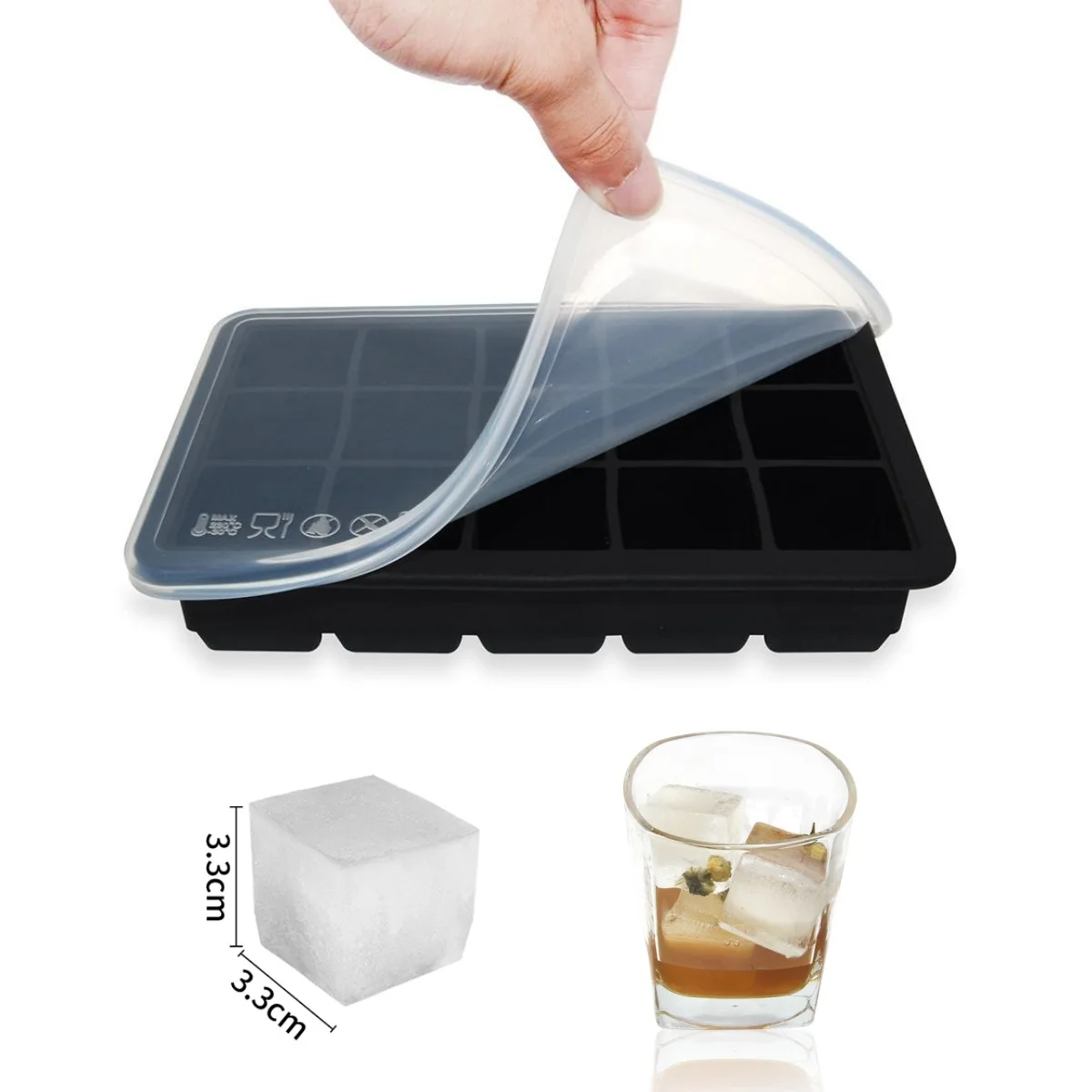 Hot Sale Durable Silicone Ice Cube Freezing Tray 15-compartment ice tray with lid rectangular ice box Household ice cube molds