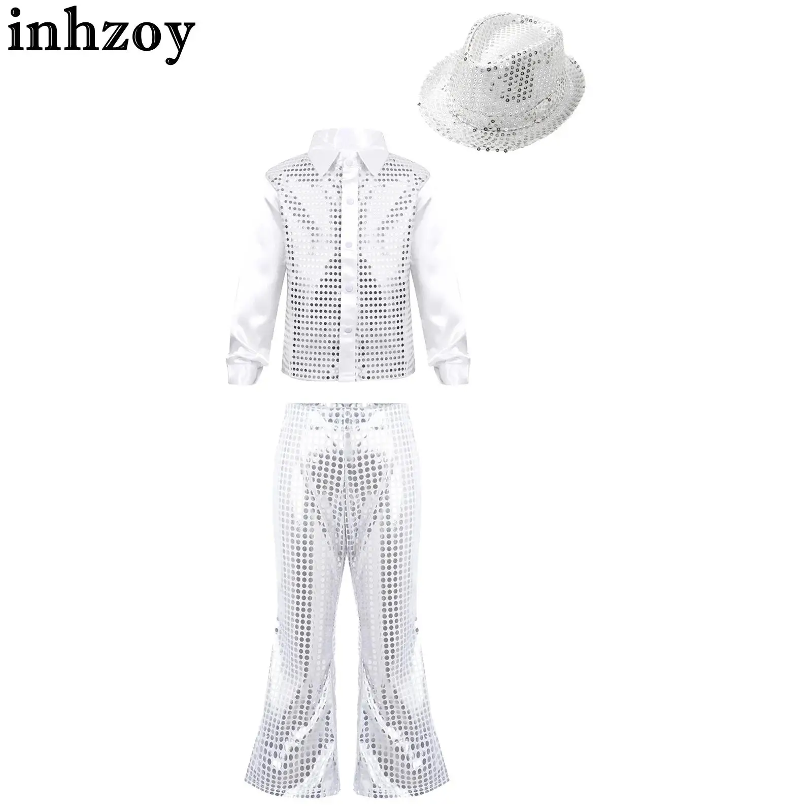 Children Jazz Dance Costumes Shiny Sequin Long Sleeve Shirt with Flared Pants Hat for Hip Hop Modern Disco Party Performance