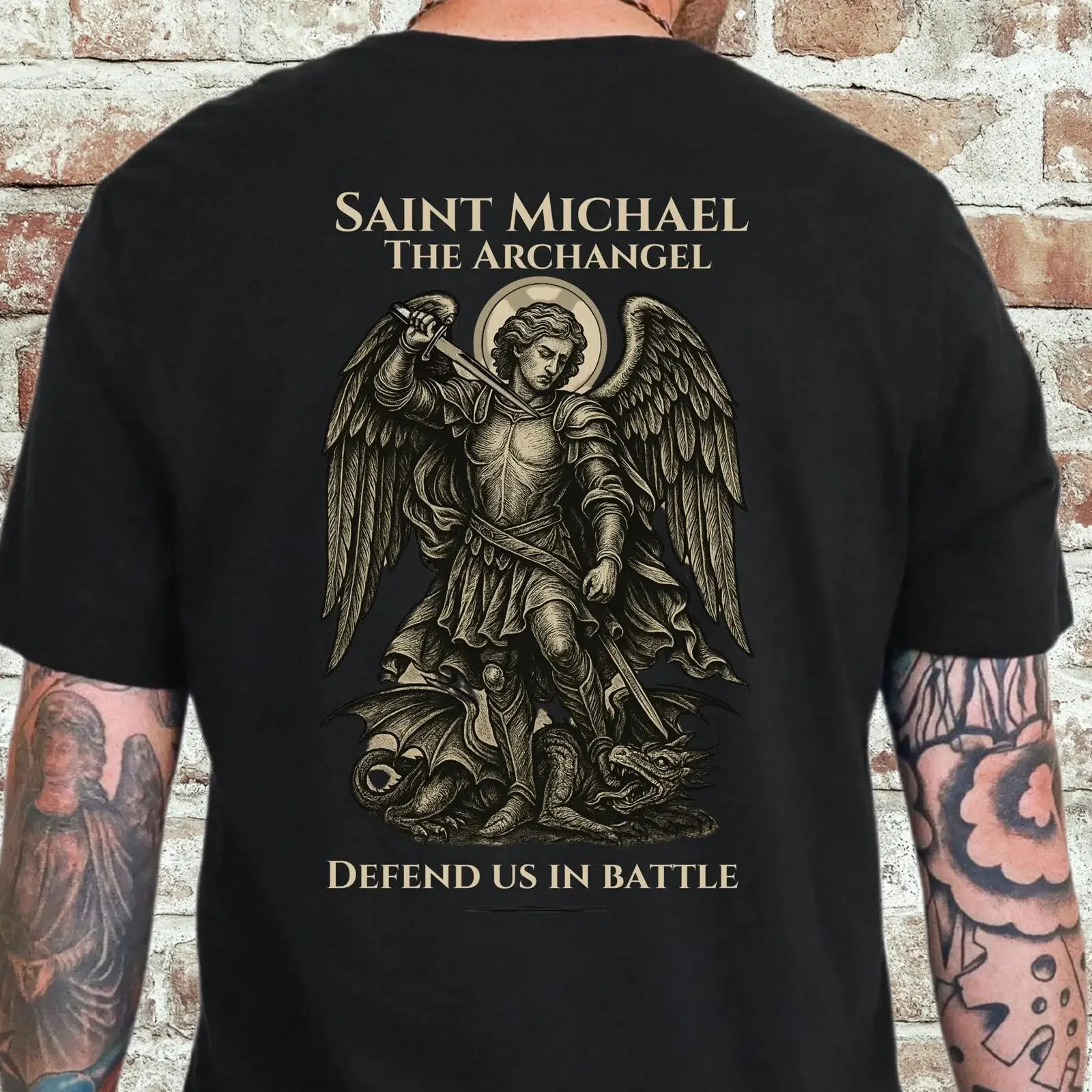 Men's Saint Michael The Archangel T Shirt Defend Us in Battle Catholic Christian Spiritual Warfare for Him vintage Washed Soft