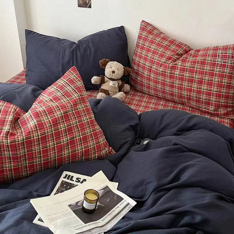 Bedding Set Ins Ambiance Blue Coffee Grid Mixed With Washed Cotton Minimalist Flat&Fitted Sheets Duvet Cover Set With Pillowcase