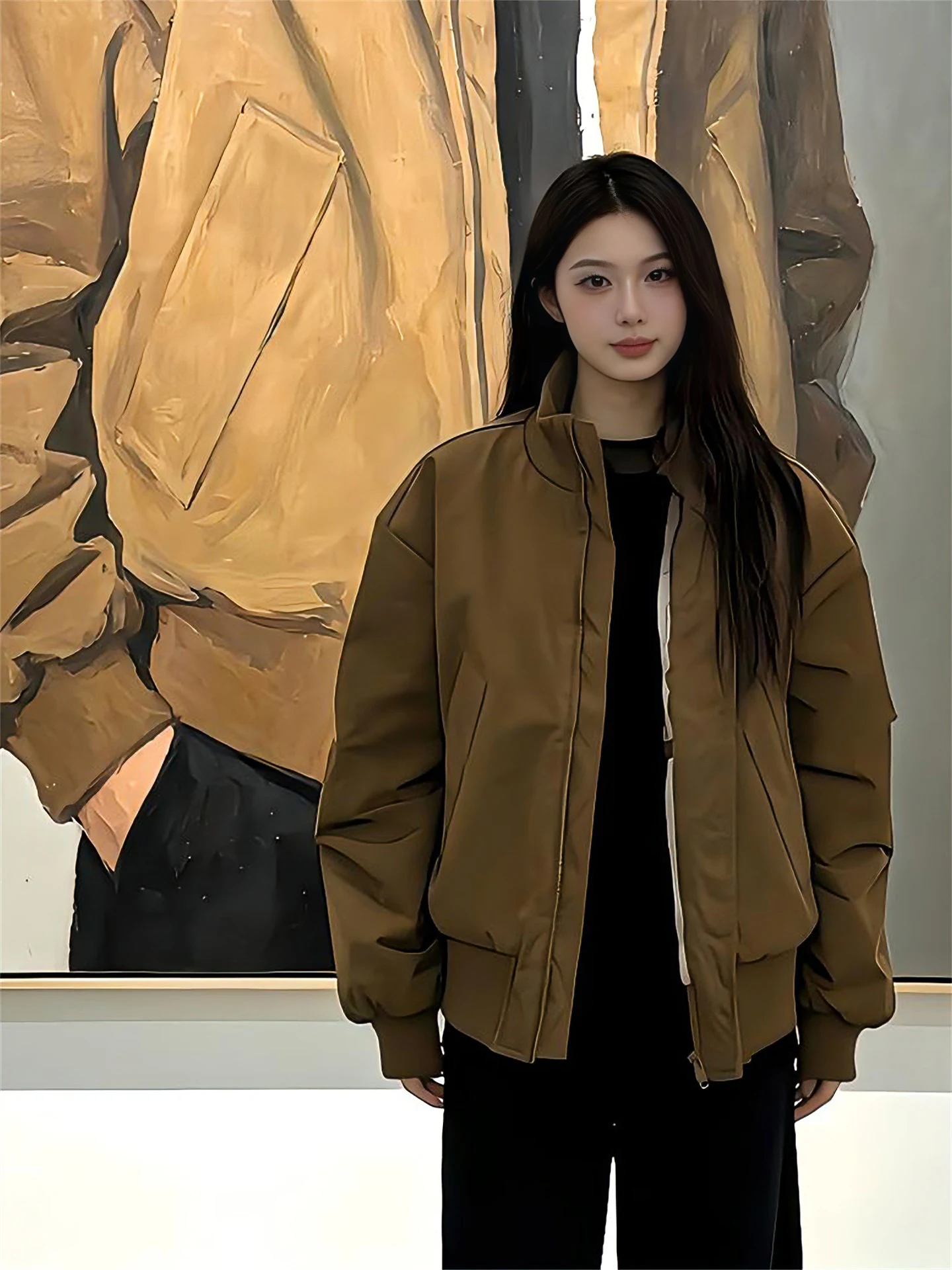 

Куртка Cleanfit коричневого цвета, весенне-осенняя, в американском стиле, с воротником-стойкой, бейсбольная, свободного кроя, с декоративной молнией