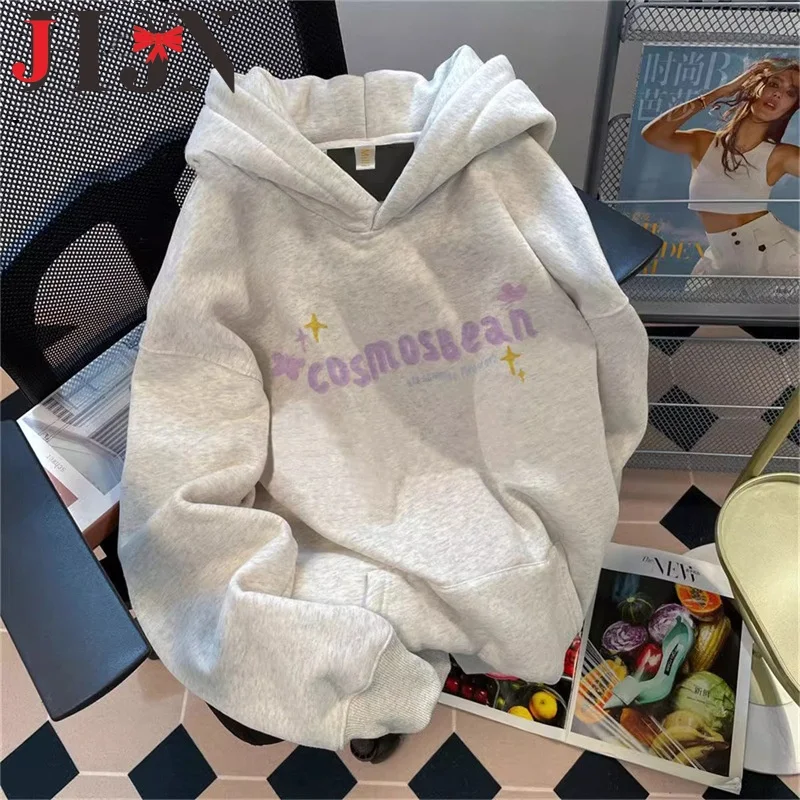 JHJN Winter Woman Hoodies Loose-Fit Tops Casual Hooded Sweatshirt Thickened Fleece Letter Fireworks Print Pullovers With Pocket