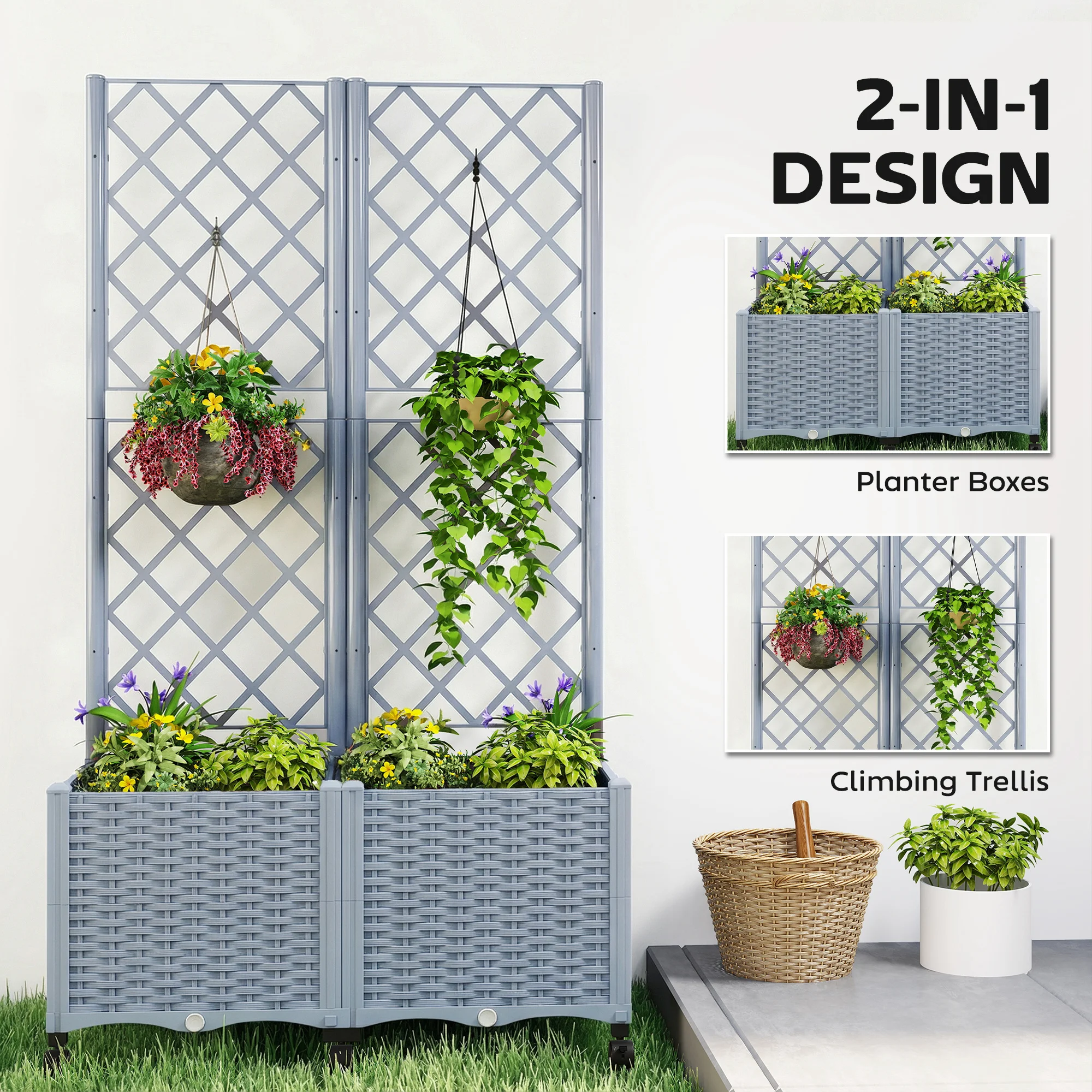 

Self Watering Raised Garden Bed with Trellis Lockable Wheels and Drainage Holes 22.5 Gallon Gray Planter Box for Patio Outdoor