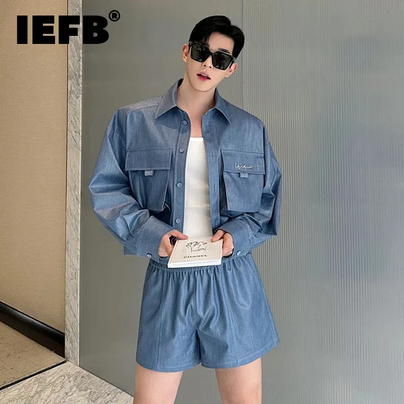 IEFB 2024 Summer Men's Two-piece Suit Three Dimensional Pocket Shirt Shorts Set Lapel Long Sleeve Top Elastic Wasit 9C5463