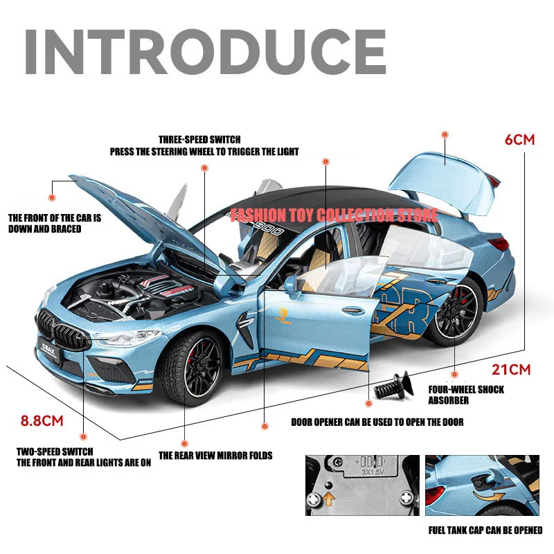 1:24 BWM M8 패스트 앤 퓨리어스 합금 자동차 모델 다이캐스트 장난감, 소리와 가벼운 차량 장식 장난감, 어린이 선물