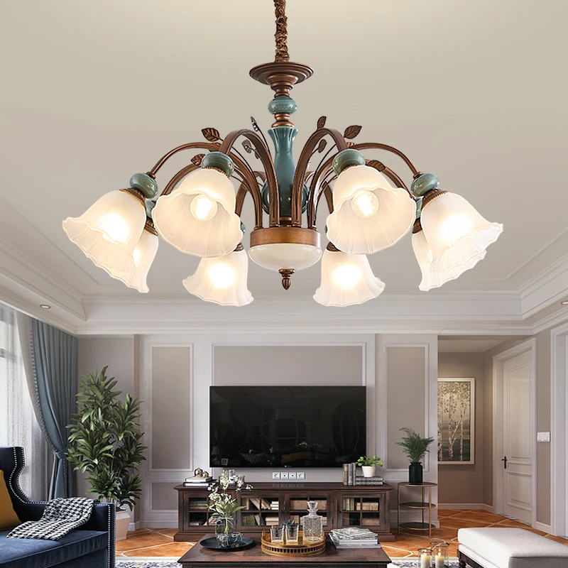 Ceramic Green Glass Chandelier For Dining Room Bedroom Study European Luxury Grand American Retro Living Room Lighting Fixture