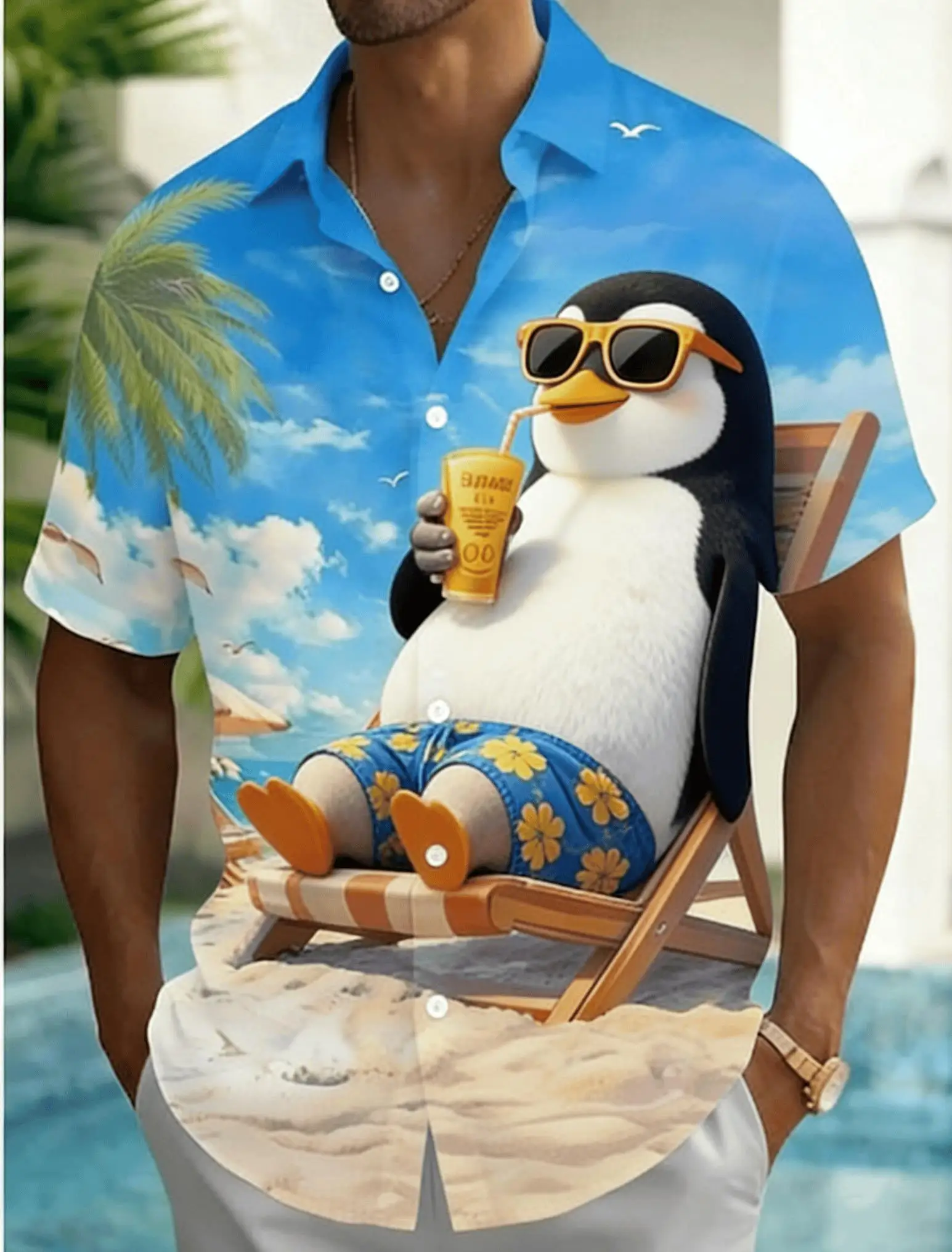 

Men's Beach Vacation Cartoon Print Short Sleeve Shirt, Spring Summer Fun Hawaiian Vacation Blouse, Loose Casual Top