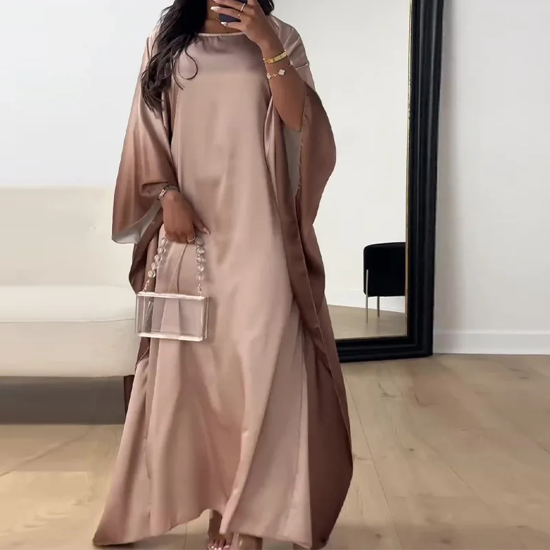 Summer Casual Loose Fit Maxi Dress Muslim Robe Women Satin 3/4 Sleeve O Neck Long Dress Women  Vestidos De Tricô Femenino