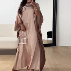 Summer Casual Loose Fit Maxi Dress Muslim Robe Women Satin 3/4 Sleeve O Neck Long Dress Women  Vestidos De Tricô Femenino