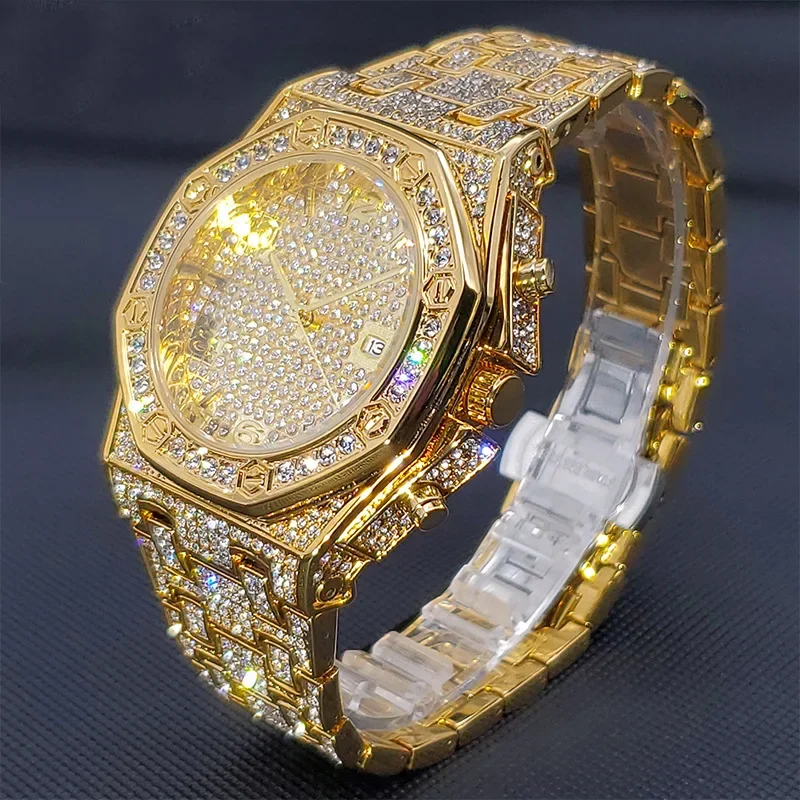 

Men Watch Luxury Diamond WristWatch Waterproof Japanese Movement Big Dial Steel Band Hip Hop Rhinestone Gold Gift for Men Clock