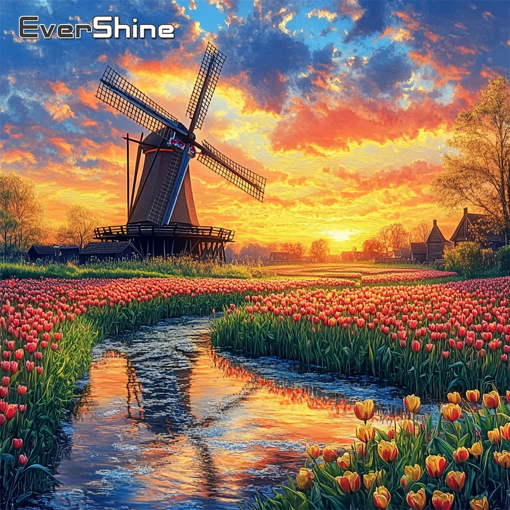 Evershine Diamant-Stickerei Landschaftsbild mit Vollquadrat-Drucknägeln, Tulpen-Strass-Bild, Mosaik-Himmel, DIY-Set, Dekoration für Zuhause