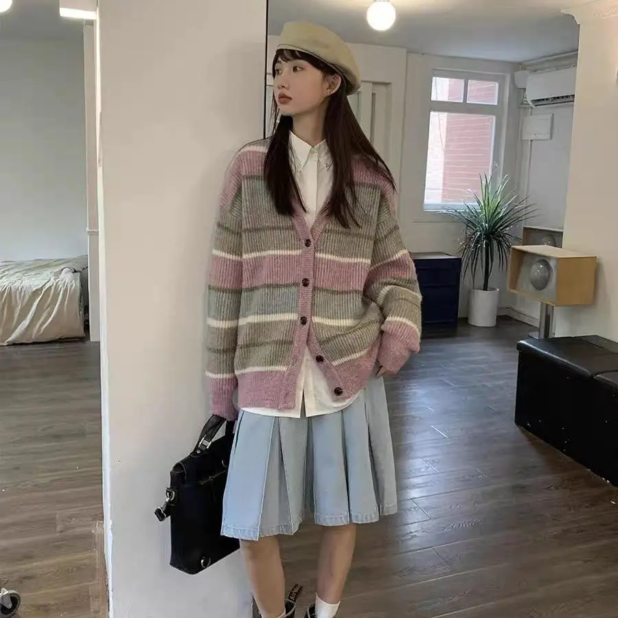 Trendy Korean Personalized Retro Striped Color-blocking Knitted Cardigan Sweater Women INS Lazy Street Y2K Niche Loose Jacket