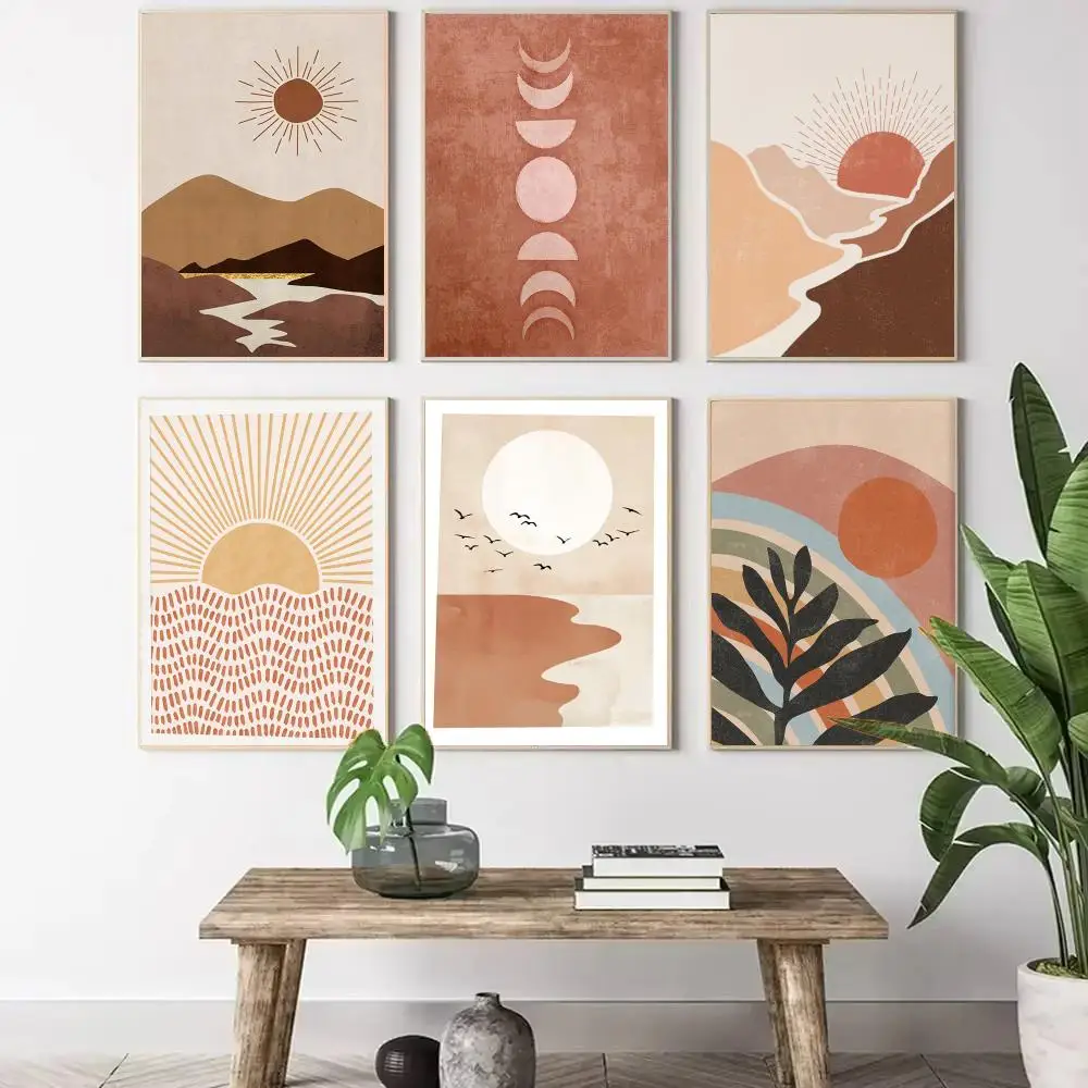 (No frame)Póster de Lienzo con Pintura Abstracta de Sol y Luna, Caligrafía, Decoración Estética para el Hogar, para Sala de E