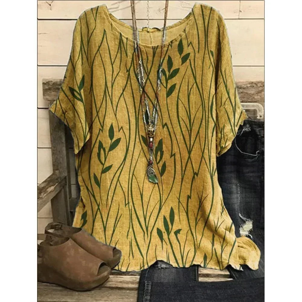 Plus Size 1XL-8XL Top Shirts Women Casual Loose Leaves Print Blouse T-shirt Ladies Fashion Vintage Blouse Unique Half Sleeves