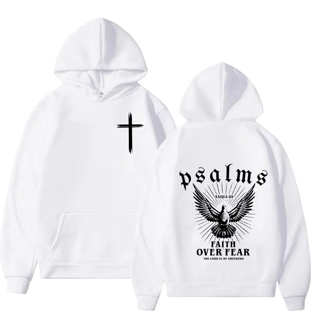 Faith Over Fear Hoodie Psalms Dove Cross Christian Bible Verse Cream Streetwear Oversized Casual Sweatshirt Long Sleeve