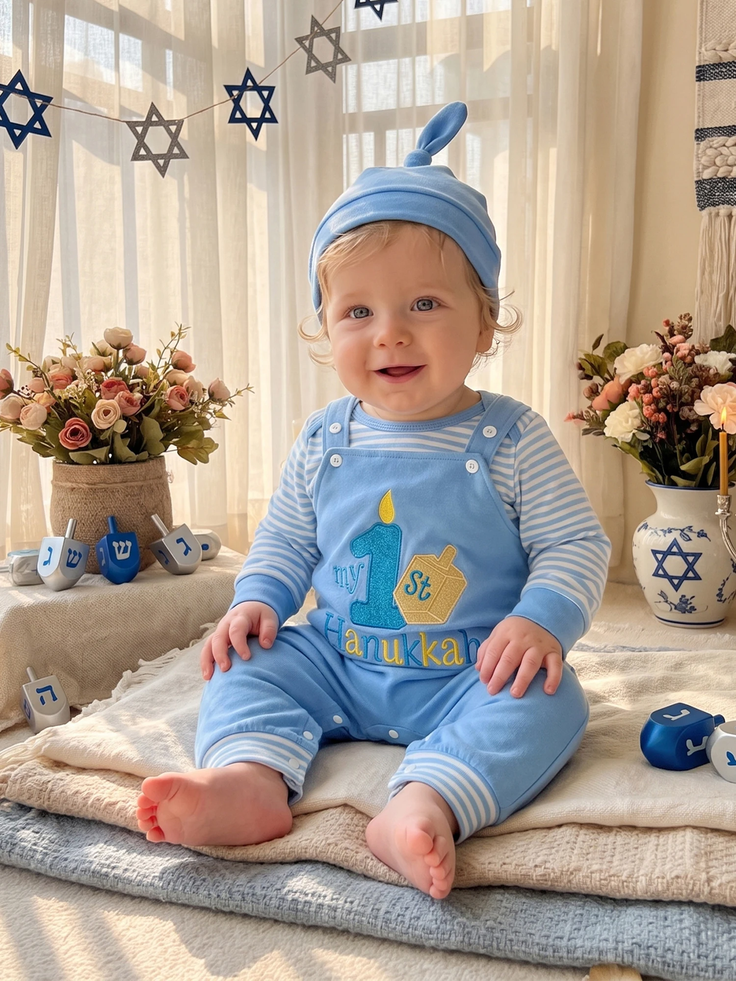 First Romper Embroidery Hat Baby Boy First Hanukkah Outfit Outfit Stripe Romper Latest Baby Boy First