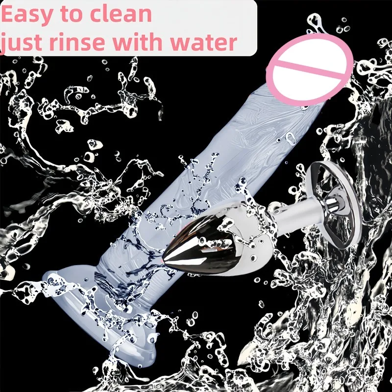 Egg Free Dildo+metal Anal Plug Set Crystal Transparent Simulation Penis Female Manual Masturbator Sex Toy Suction Cup Fake Penis view 3