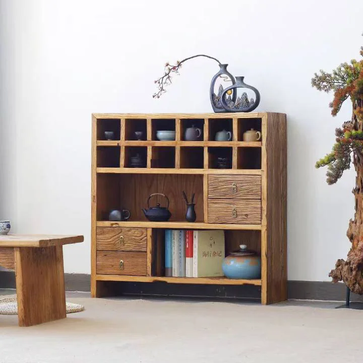 Old elm chest, small Duobao Pavilion tableware, teapot side  silent wind, solid wood weathered picture