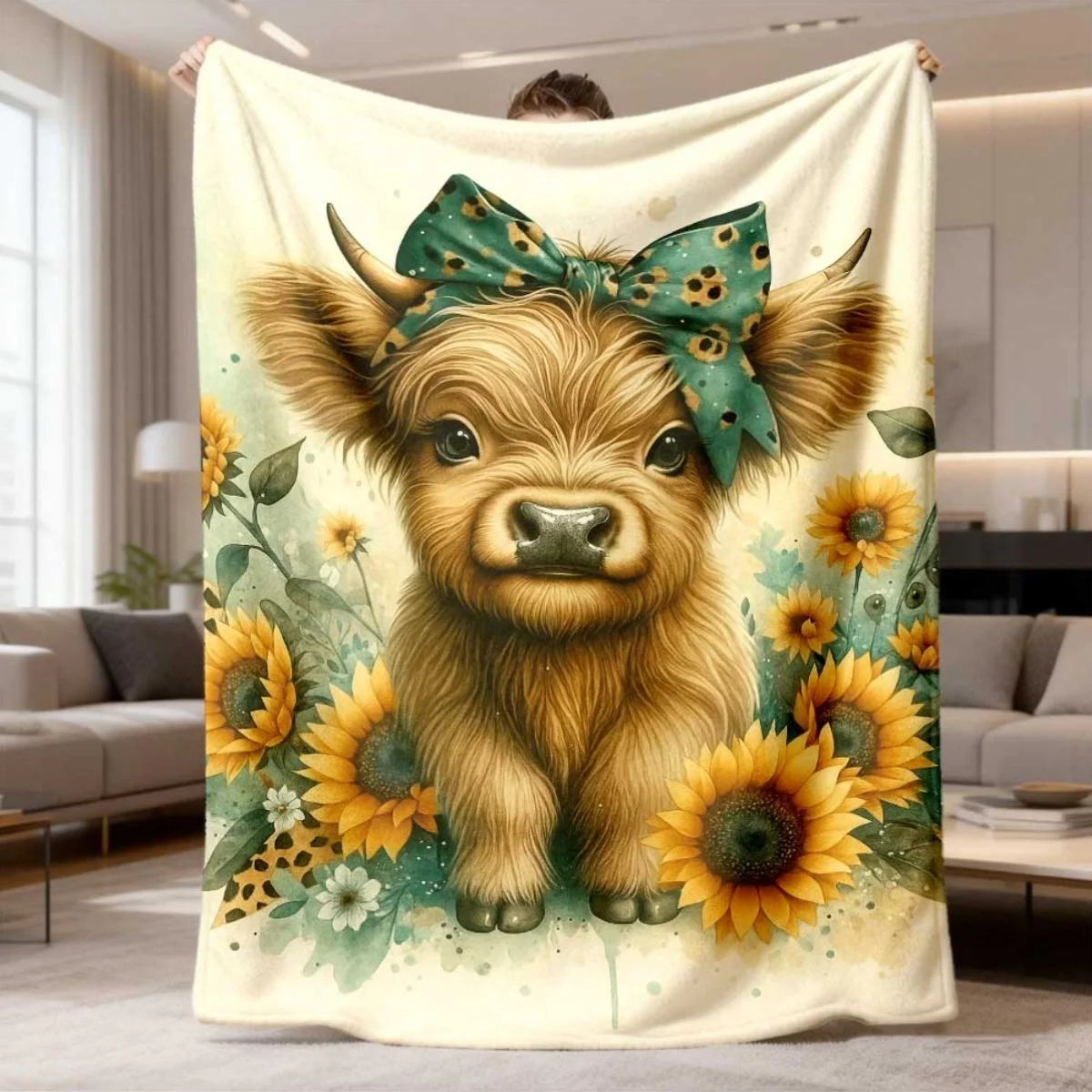 Cute Cattle Sunflower Blanket Soft Couch Throw Lightweight Bedspread Casual Cozy Home Office Bedding Nap Travel Blankets