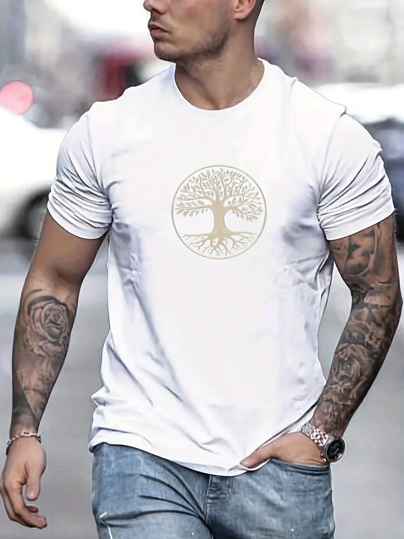 Men's round neck short sleeved T-shirt top summer 100% pure cotton fashionable casual sports wide pine pattern printed Clothing image 6