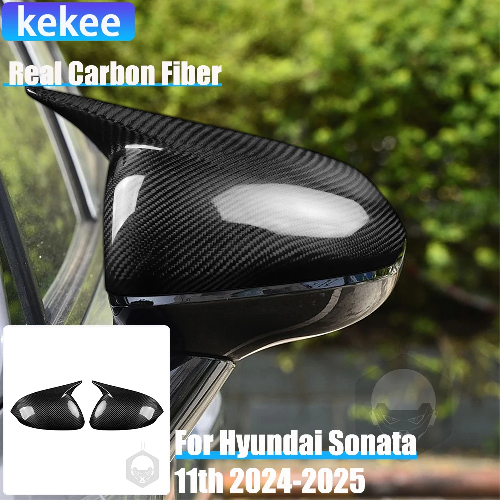 2 قطعة ألياف الكربون الحقيقية اكسسوارات السيارات غطاء مرآة جانبية الكسوة الزخرفية لشركة هيونداي سوناتا 11th 2024-2025 #1