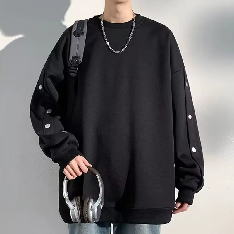 

Повседневная толстовка с круглым вырезом для школьников, мужской пуловер с имитацией пуговиц, весна 2025, мужская толстовка с длинным рукавом, однотонная уличная одежда