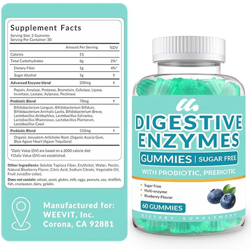 Enzymes Digestives Gummies à Mâcher, Mélange de Probiotiques et Prébiotiques pour Femme et Homme