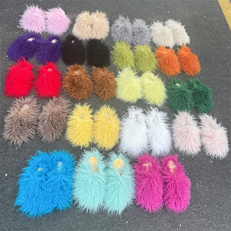 Sweet Kawaii Candy Furry Mules Women Home Slides Luxury Fluffy Faux Fur Flip Flops Female Y2k Street Fashion Girls Plush Slipper