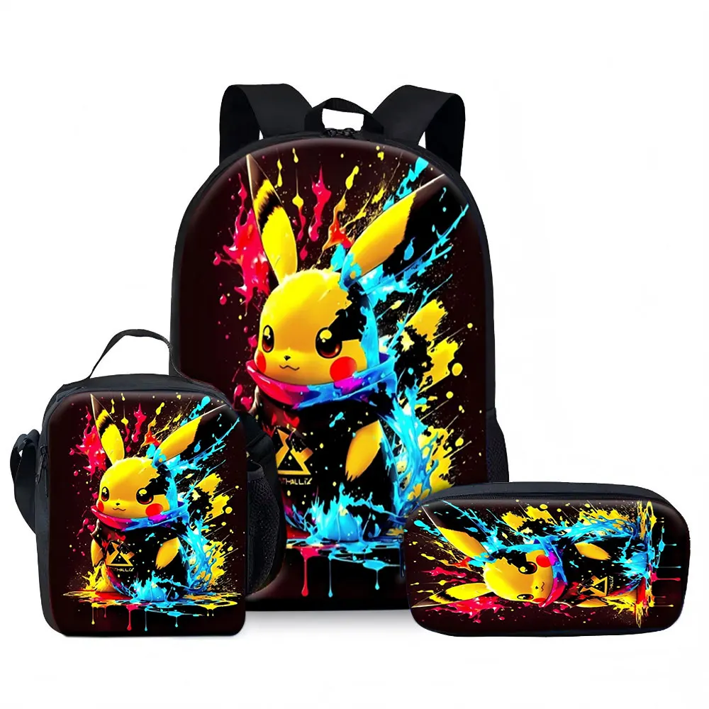 Kids Bag,Pokémon,Pikachu 3pcs Backpack Set Color Splash Canvas Rucksack Lunchbox Pencilcase for Kids
