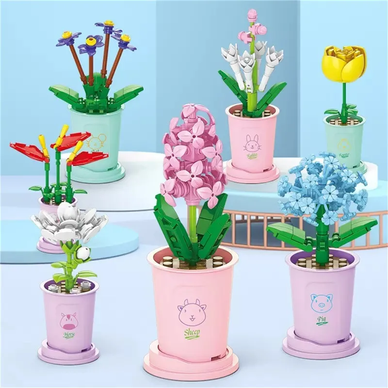 Building Block Bouquet 3D Model Toy Lucky Mini Flowers DIY Assembly Brick Home Decoration Plant Potted Kids Educational Toy Gift