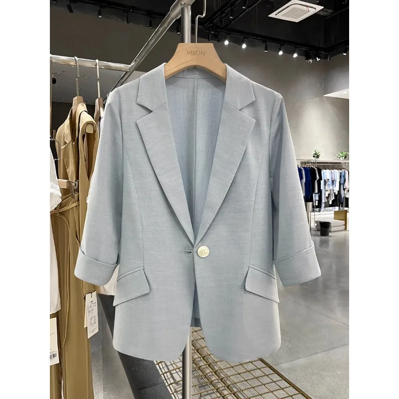 

SuperAen Blue High-end Suit Jacket for Women Summer Thin 2024 New Half Sleeve Blazer Women