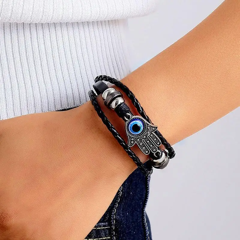Fashion Palm Devil's Eye Genuine Leather Bracelets For Women Men Jewelry Accessories Gift