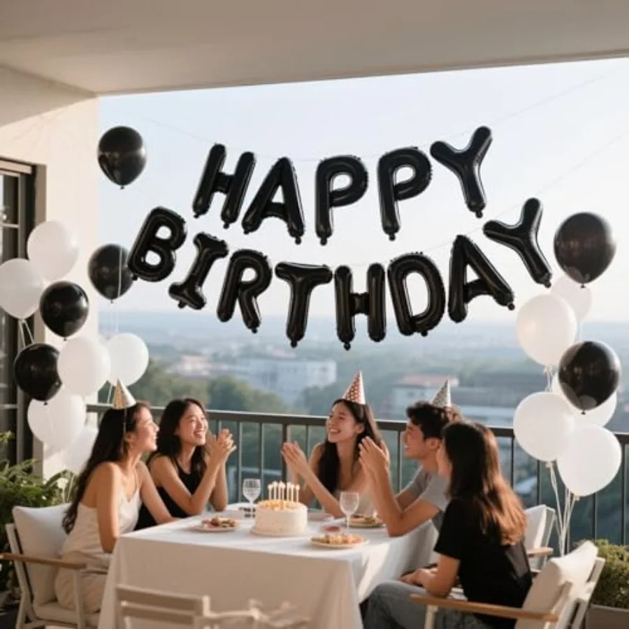 Black Happy Birthday Balloon Banner Set -16 Inch Foil Letters Balloons, Reusable Birthday Decorations and Party Supplies