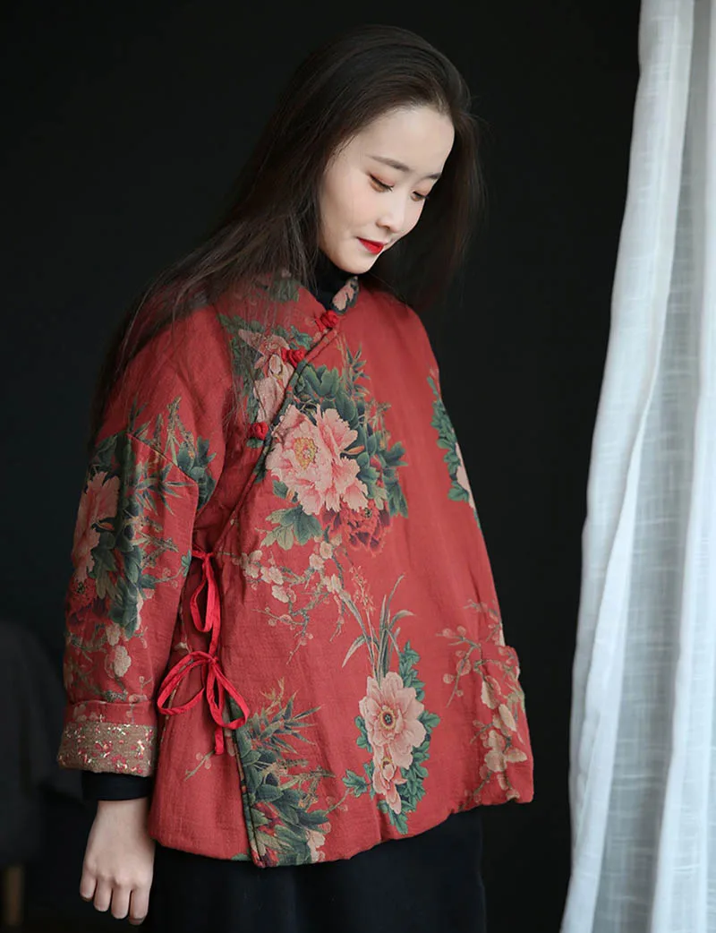 빈티지 코튼 프린트 느슨한 편안한 짧은 얇은 퀼트 자켓 여성 사이드 오픈 디스크 버클 캐주얼 소프트 중국어 Hanfu