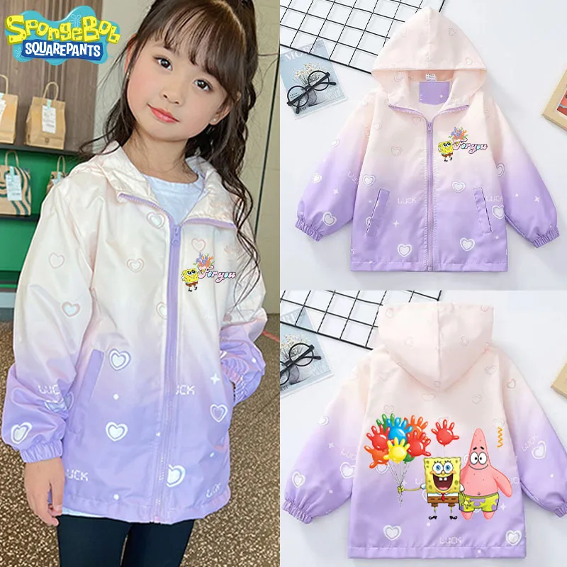 SpongeBob SquarePants Baby Hooded Top Kawaii Anime Boutique Child Clothing Outdoor Sports Jacket Waterproof Coat Boy Girl Gift