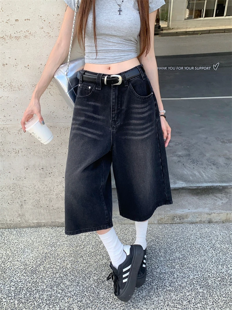 

Benuynffy American Retro Black Wide Leg Jeans Women's Summer High Waist Y2k Streetwear Washed Baggy Straight Cropped Pants
