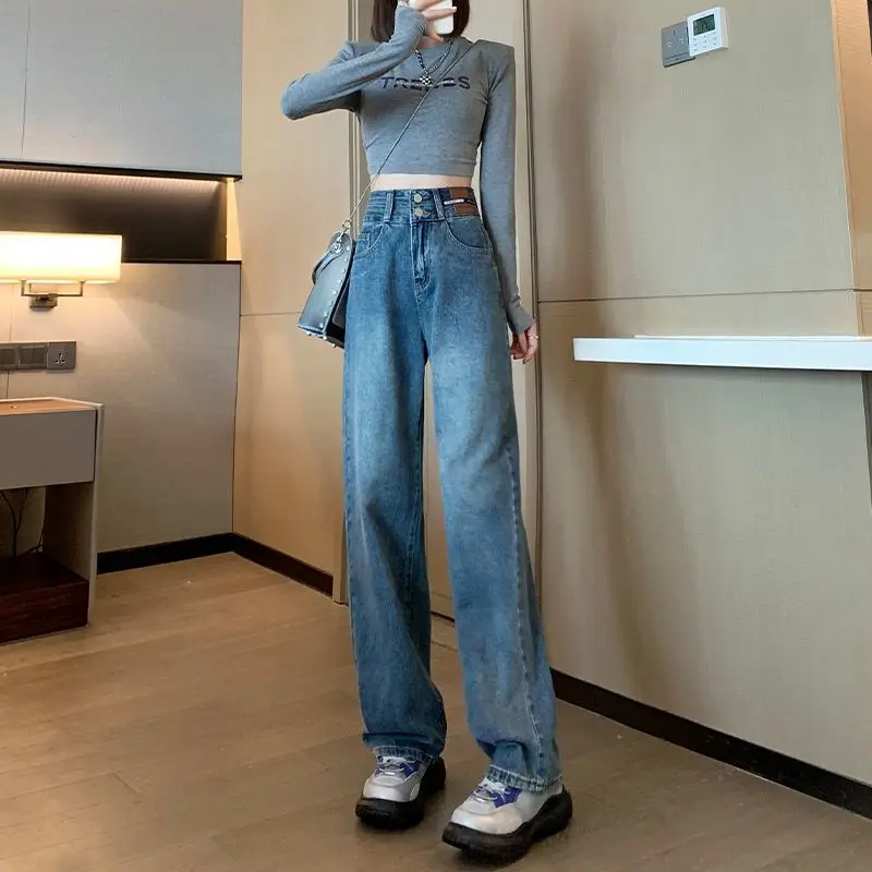 

High Waist Wide Leg Blue Jeans Women's Loose Fit Casual Straight Drapey Long Trousers Autumn New Sle Slimming Effect