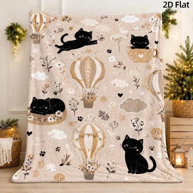 Flannel Throw Blanket Black Cat Hot Air Balloon Floral Cloud Paw Print Soft Lightweight Cute Animal Sofa Bed Throw Blanket