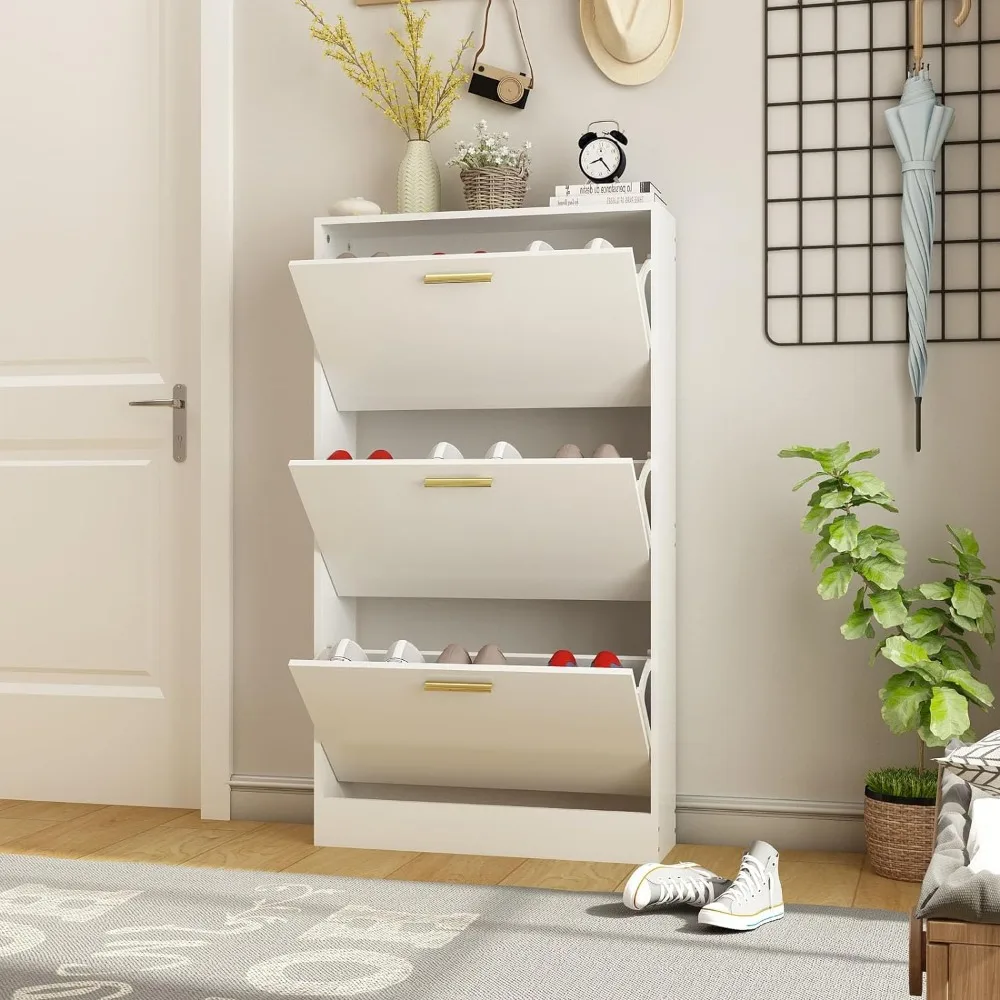 Narrow Shoe Storage Cabinet, Shoe Cabinet for Entryway with 3 Flip Drawers, Wood Hidden Shoe Storage, Freestanding