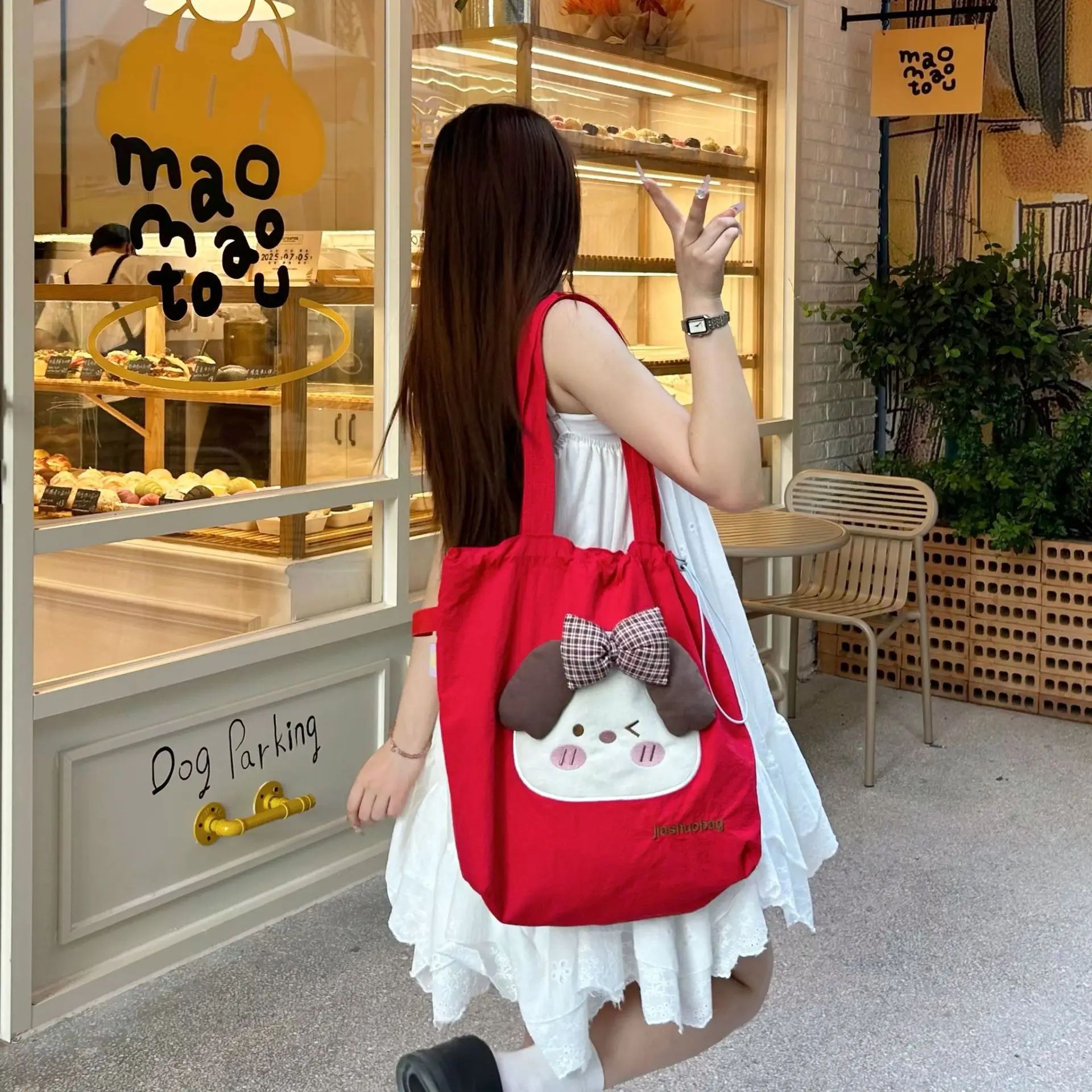 

2025 New Cartoon Drawstring Tote Bag for Women Large Capacity Lazy Style Shoulder Bag Casual Commuter Bag Cute Canvas Book Bag