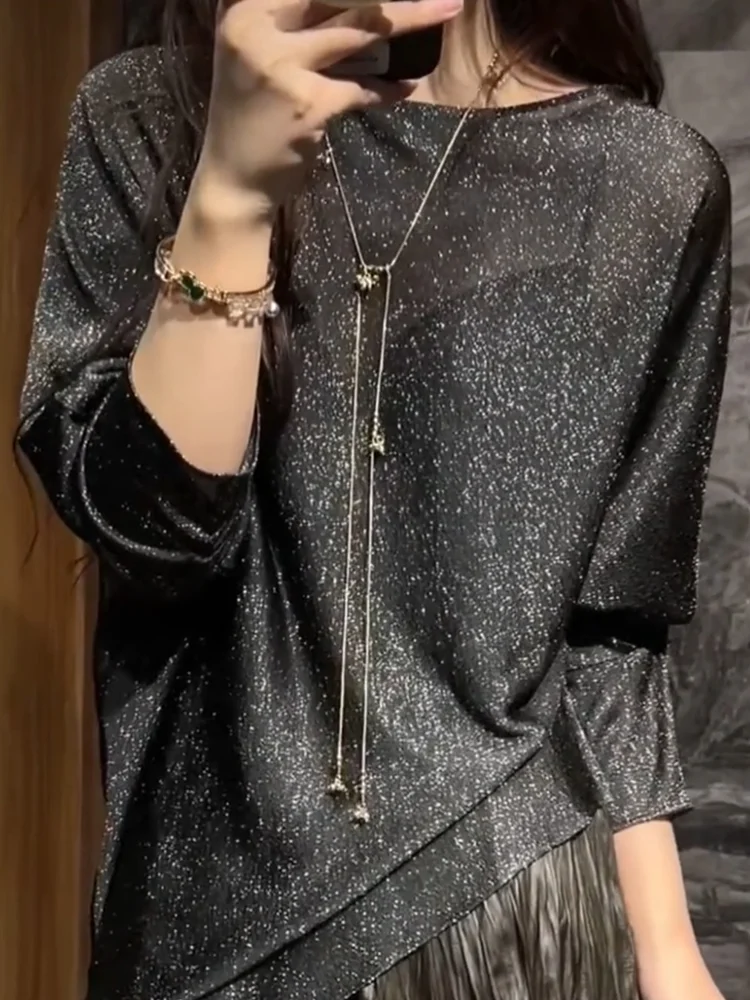 

Новинка осени: Ультратонкий блестящий универсальный модный топ больших размеров Ele Slimming Round Ne Long Sve Camere Top