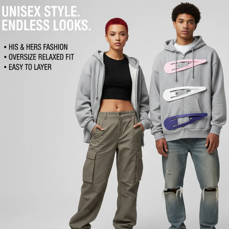 

American Retro Streetwear Y2K Oversized Clip Hoodie Top Zip-Up Jacket With Big Hair Clip Button Design Casual Cardigan Girls New