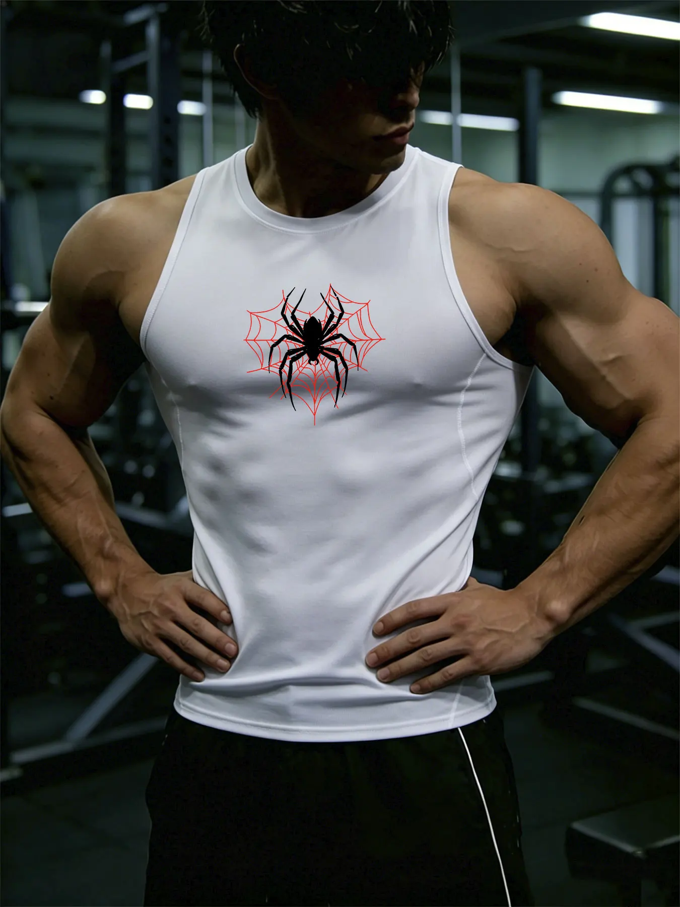Men Compression Gym Tank Top Quick Dry Y2K Spider Web Graphic Print Sleeveless Vest Bodybuilding Workout Fitness Top