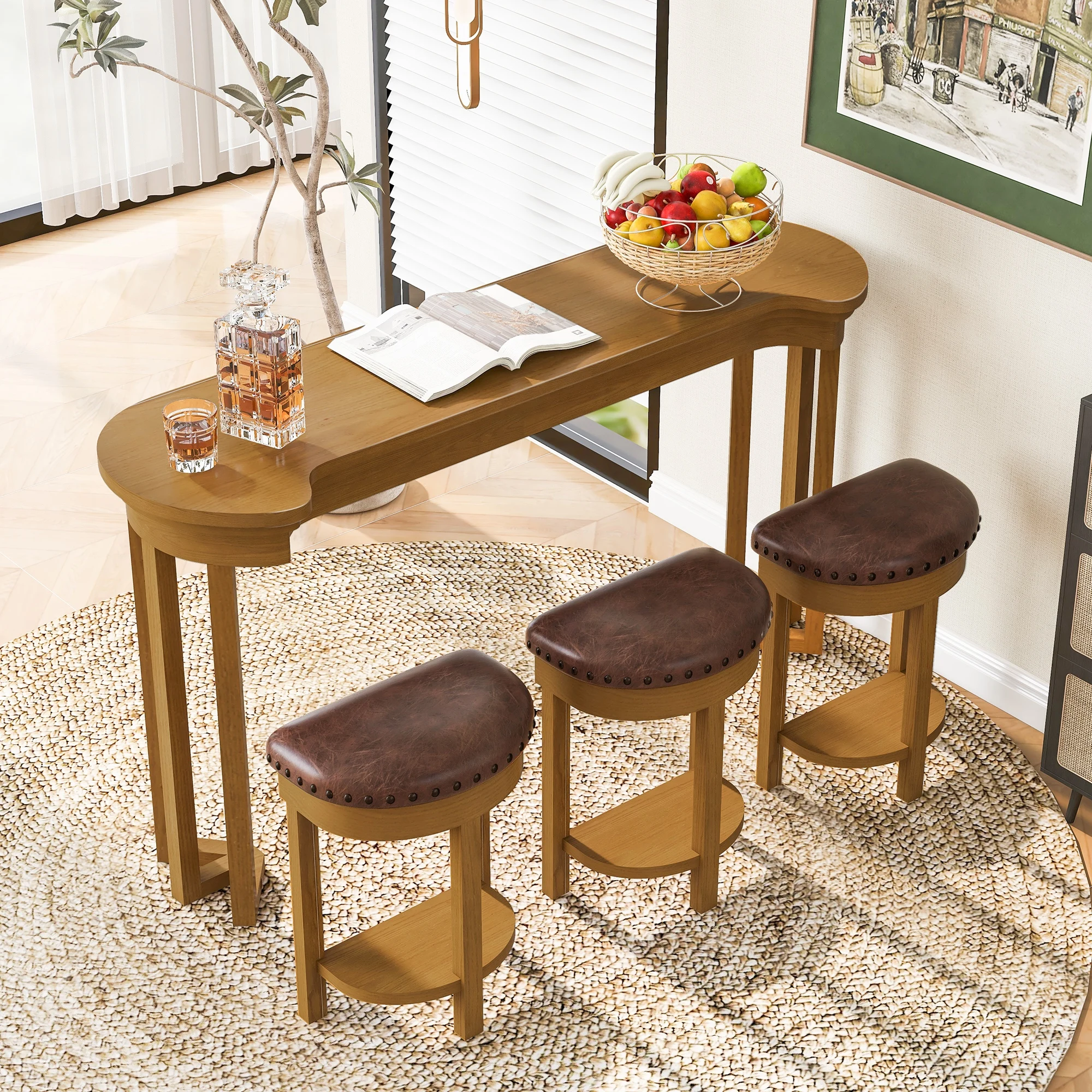 4 Piece Bar Table Set With 3 PU Upholstered Bar Stools Breakfast Table With 3 Padded Stools Solid Wood Counter Height