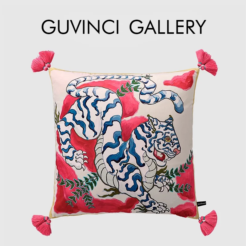 GUVINCI Tibet Tiger Animals Decorative Pillow Cover With Brush Tassels Super Soft Velvet Cushion Case Exoticism Style Home Decor